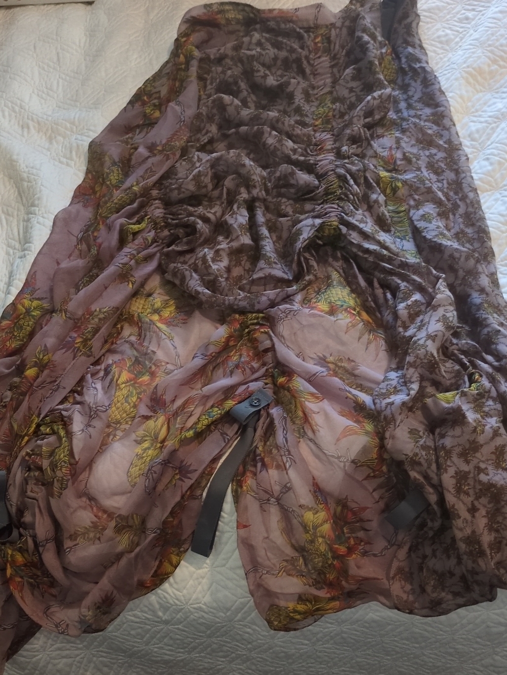 rag & bone Silk Flowy Ruche sheer floral midi skirt in mauve with yellow accents